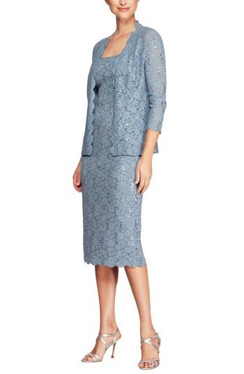 Women's Alex Evenings Sequined Lace Sheath Dress With Jacket - Blue