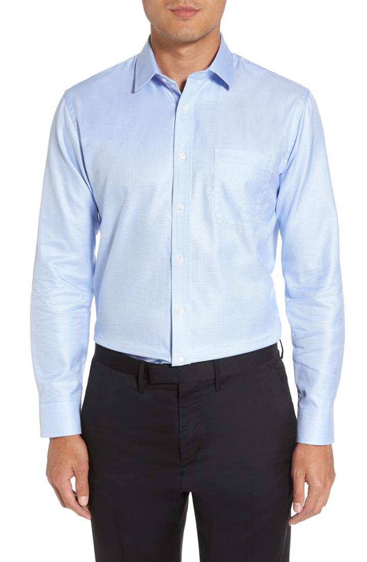 Men's Nordstrom Men's Shop Trim Fit Microgrid Dress Shirt - 34/35 - Blue