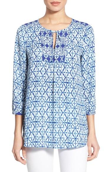 Petite Women's Nydj 'patchwork Mosaic' Print Split Neck Blouse P - Blue