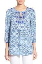 Petite Women's Nydj 'patchwork Mosaic' Print Split Neck Blouse P - Blue