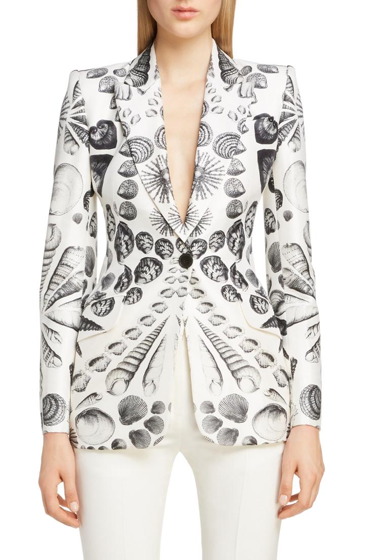 Women's Alexander Mcqueen Shell Print Wool & Silk Blazer Us / 38 It - Ivory