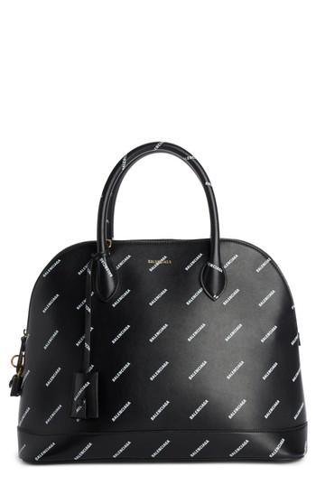 Balenciaga Medium Allover Logo Leather Satchel With Water-repellent Coat - Black