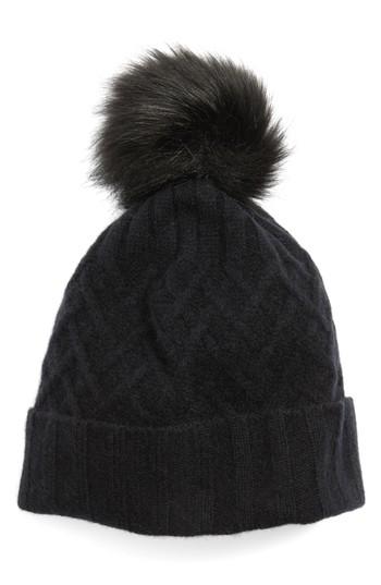 Women's Halogen Cashmere Beanie With Faux Fur Pom -
