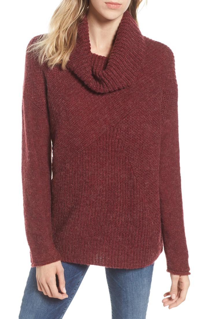 Women's Caslon Mix Stitch Funnel Neck Wool Blend Sweater, Size - Burgundy