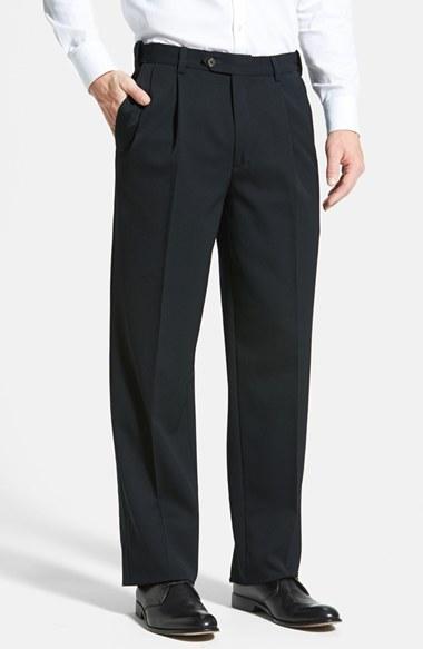 Men's Berle Self Sizer Waist Pleated Wool Gabardine Trousers X 34 - Black