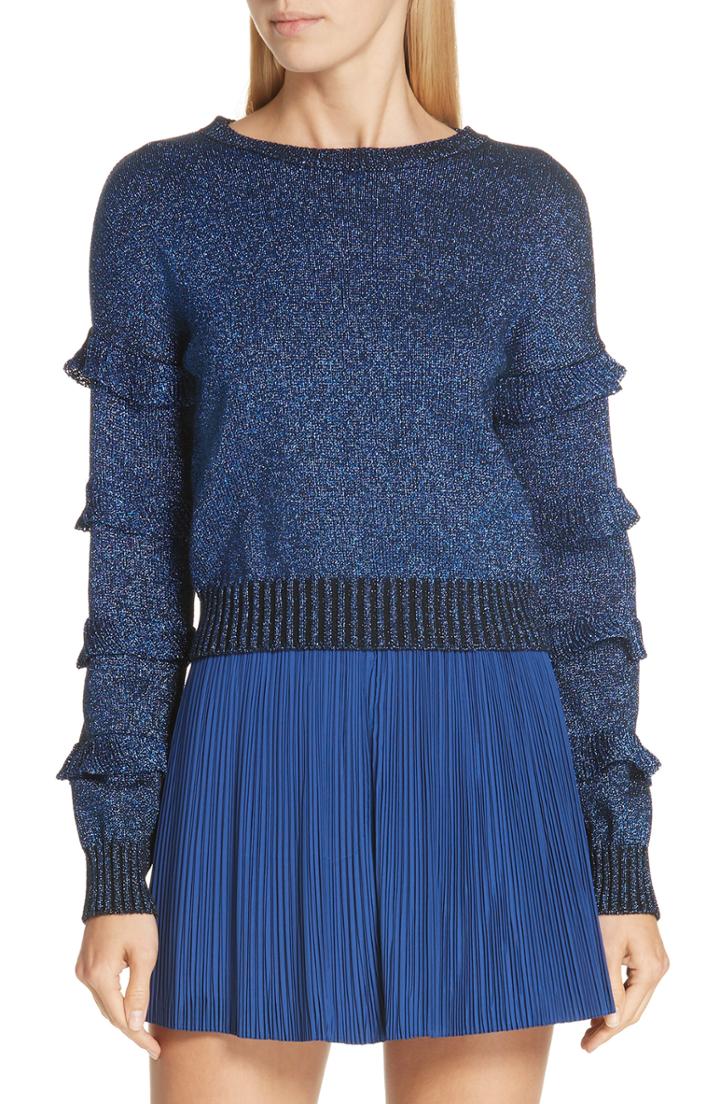 Women's Red Valentino Ruffle Sleeve Metallic Wool Blend Sweater - Blue
