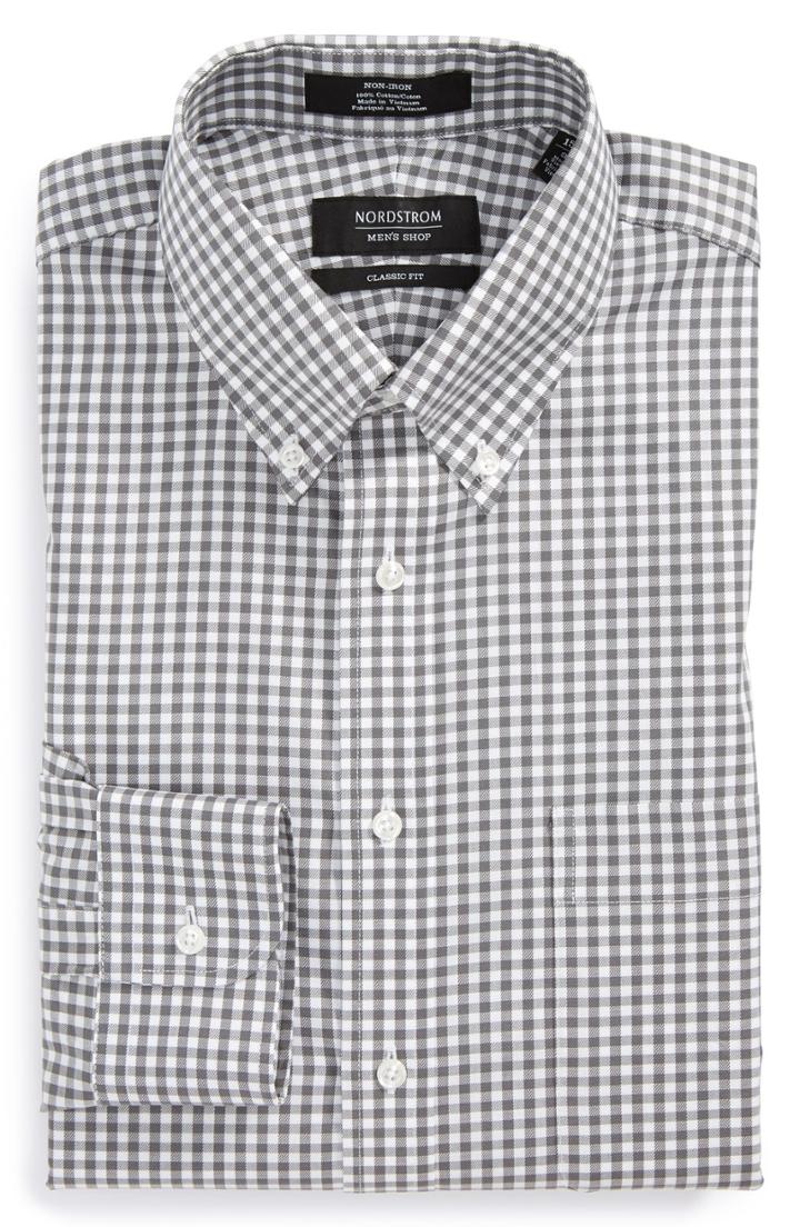 Men's Nordstrom Men's Shop Classic Fit Non-iron Gingham Dress Shirt - 35 - Grey (online Only)