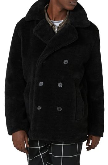 Men's Topman Faux Fur Peacoat, Size - Black