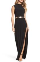 Women's Mac Duggal Belted Mock Neck Sheath Gown - Black