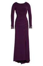 Petite Women's Eliza J Beaded Sleeve Ruched Jersey Gown P - Purple
