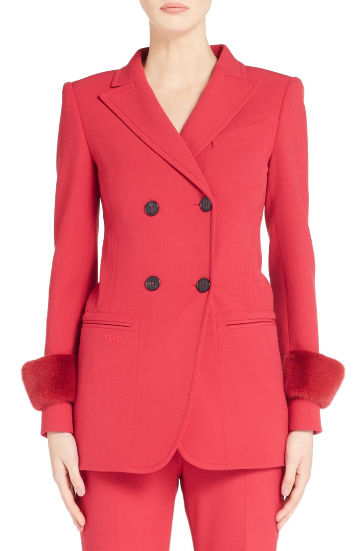 Women's Fendi Double Breasted Drill Blazer With Genuine Mink Fur Cuffs Us / 42 It - Red