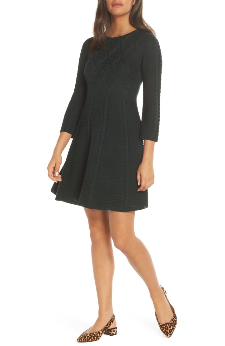 Women's Eliza J Cable Fit & Flare Sweater Dress, Size - Green