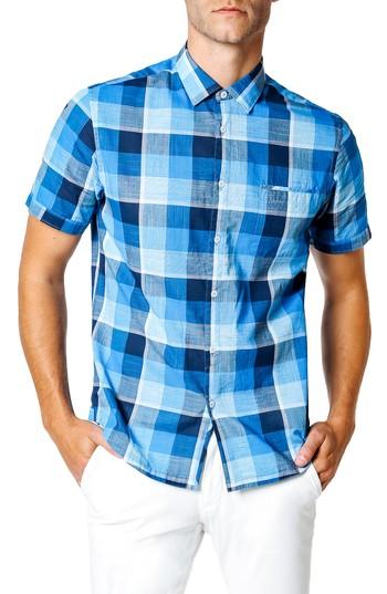 Men's Good Man Brand Capri Slim Fit Check Short Sleeve Sport Shirt - Blue