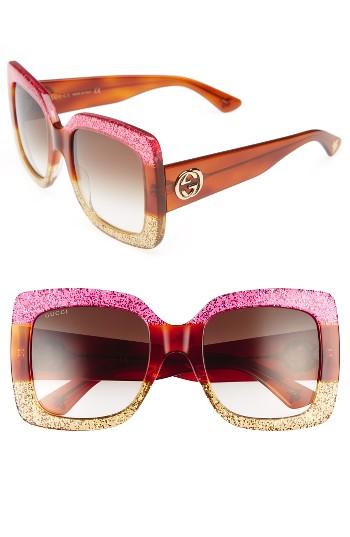 Women's Gucci 55mm Square Sunglasses - Fuschia Havana Gold/ Brown