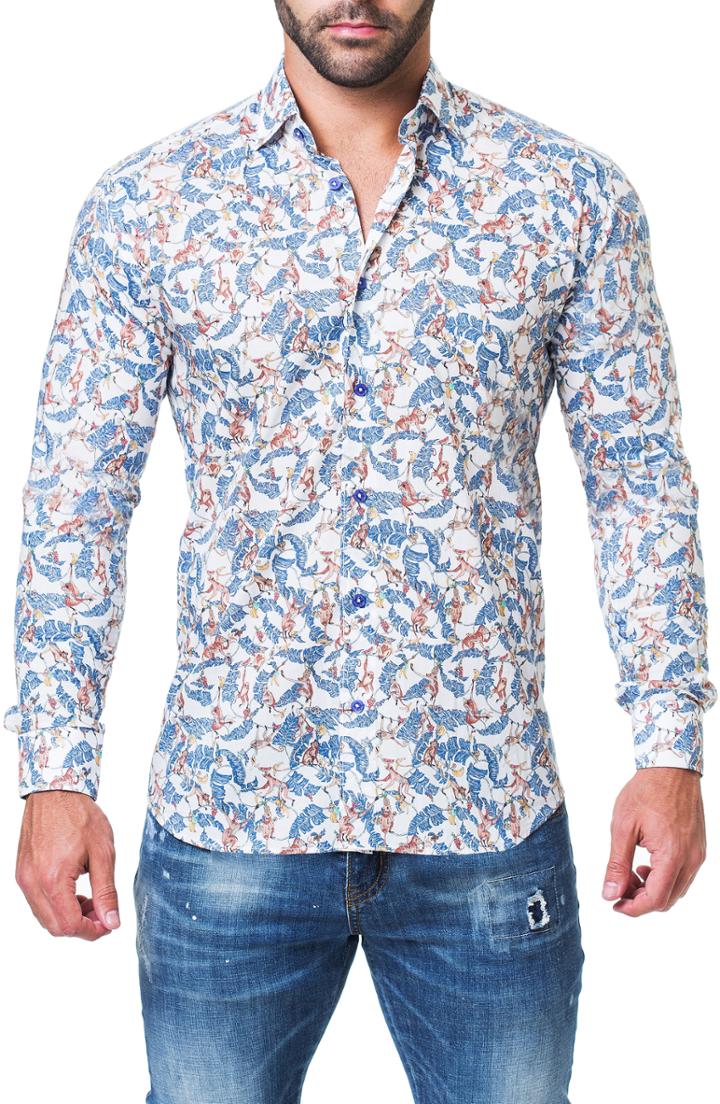 Men's Maceoo Fibonacci Monkey Print Sport Shirt - White