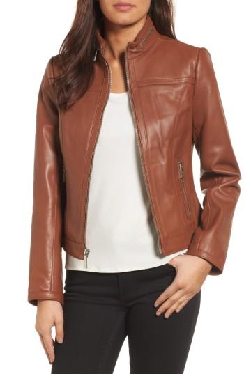 Women's Michael Michael Kors Leather Racer Jacket - Beige