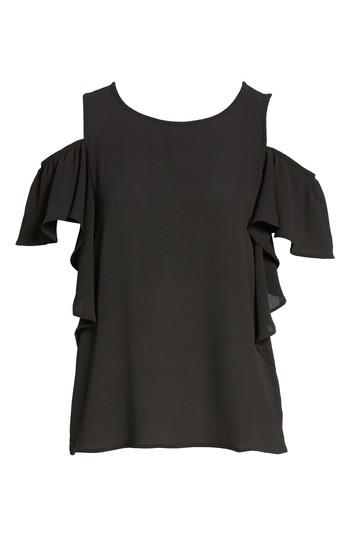 Petite Women's Bobeau Cold Shoulder Ruffle Sleeve Top P - Black