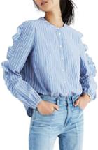 Women's Madewell Stripe Frill Sleeve Shirt, Size - Blue
