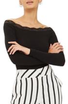 Women's Topshop Lace Trim Off The Shoulder Bodysuit Us (fits Like 0) - Black