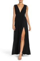 Women's Lulus Plunging V-neck Chiffon Gown - Black