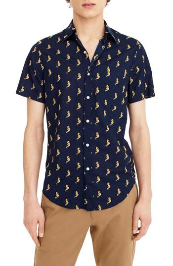 Men's J.crew Slim Fit Secret Wash Short Sleeve Seahorse Print Sport Shirt - Blue