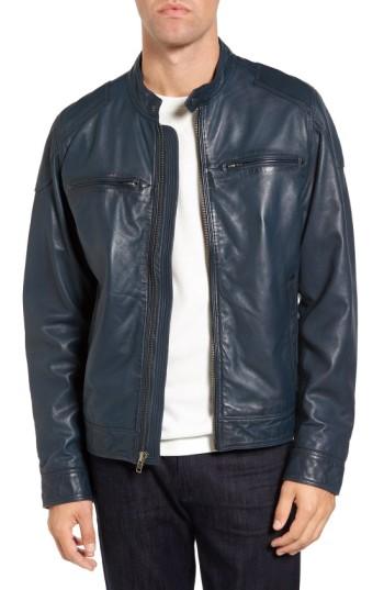 Men's Black Rivet Blue Leather Moto Jacket