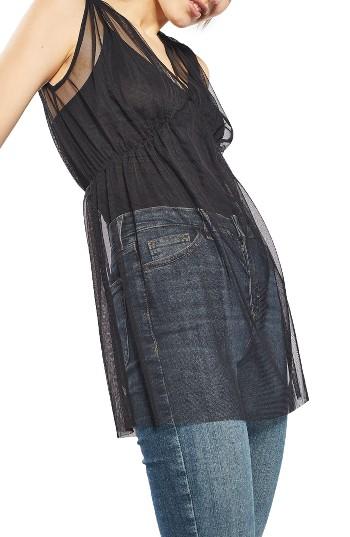 Women's Topshop Tulle Overlay Bodysuit Us (fits Like 0) - Black
