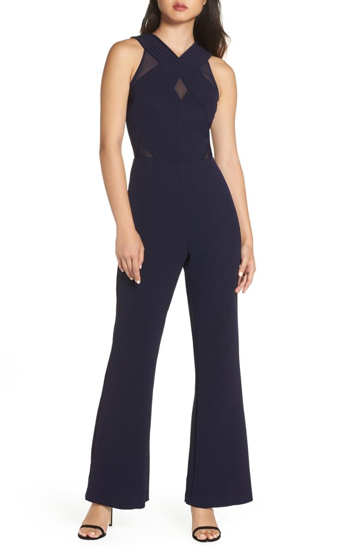 Women's Tahari Ruffle Neck Crepe Jumpsuit - Black
