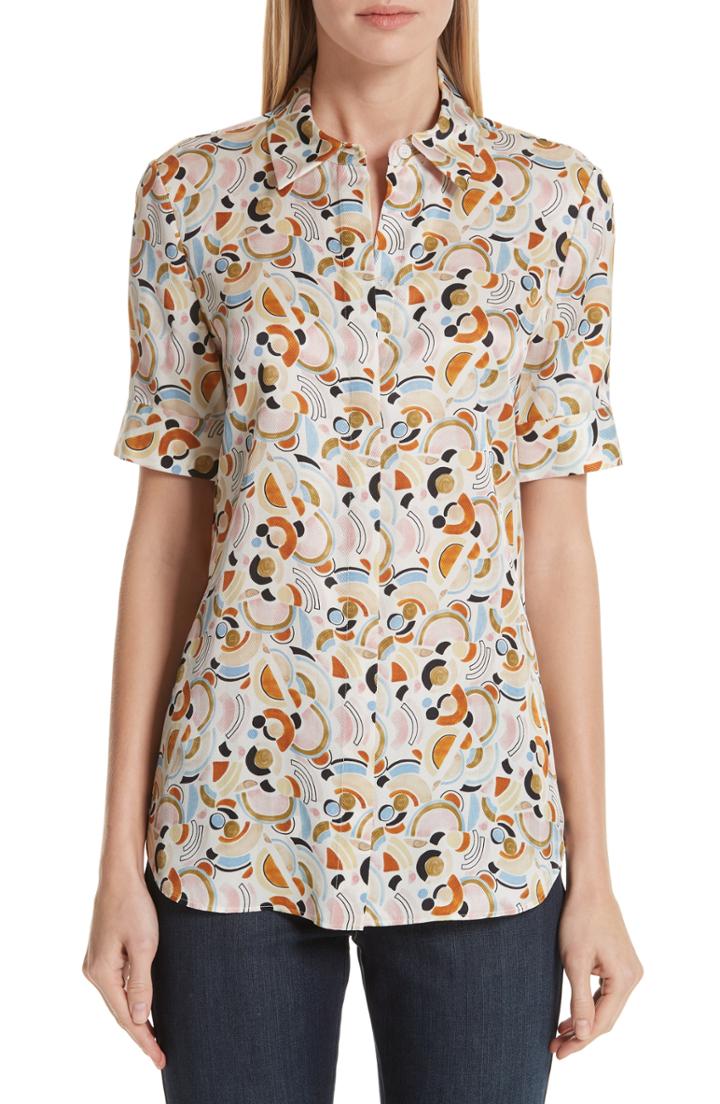 Women's Lafayette 148 New York Scottie Mini Lyrical Curves Silk Shirt - White