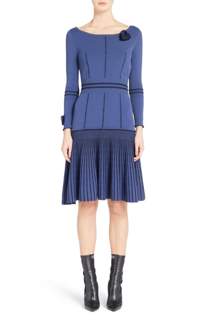 Women's Fendi Knit Drop Waist Dress With Genuine Mink Fur Trim Us / 40 It - Blue