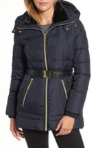 Women's Vince Camuto Belted Down & Feather Jacket With Faux Fur - Blue