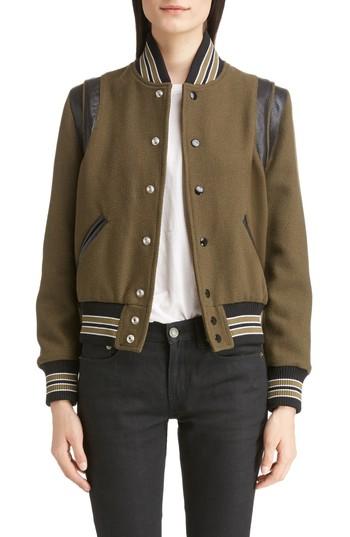 Women's Saint Laurent Leather Trim Classic Teddy Jacket Us / 38 Fr - Green