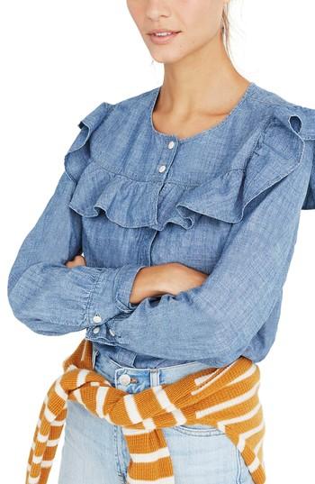 Women's Madewell Chambray Ruffle Yoke Top - Blue