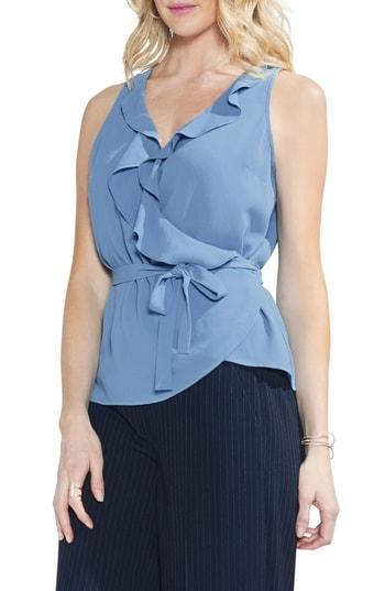 Women's Vince Camuto Wrap Front Ruffle Neck Blouse, Size - Blue