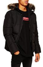 Men's Topman Marling Faux Fur Collar Puffer Jacket - Black