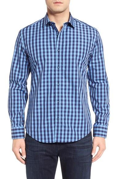 Men's Bugatchi Shaped Fit Gingham Sport Shirt - Blue