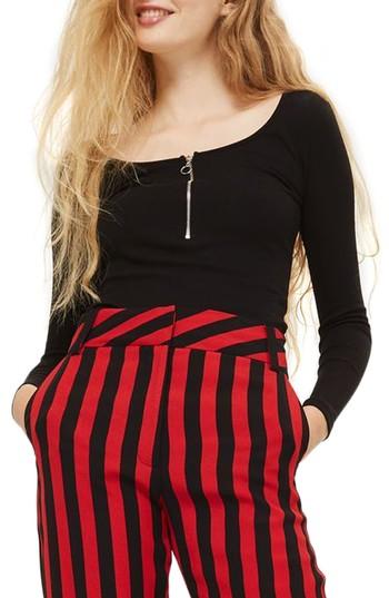 Women's Topshop Ring Pull Zip Bodysuit Us (fits Like 0) - Black
