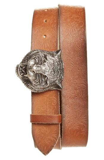 Men's Gucci Tiger Head Buckle Calfskin Belt