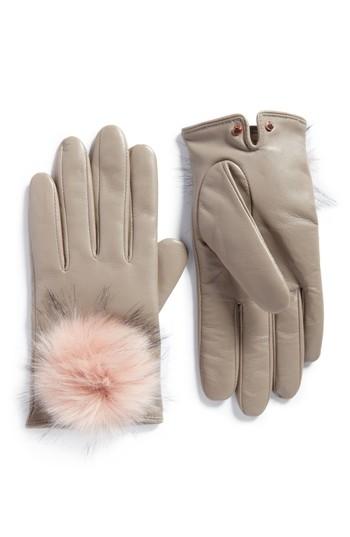 Women's Ted Baker London Pomi Faux Fur Pompom Leather Gloves - Grey