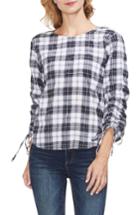 Women's Vince Camuto Ruched Long Sleeve Tartan Plaid Blouse, Size - Grey