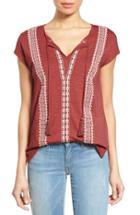 Petite Women's Caslon Embroidered Split Neck Tee, Size P - Red