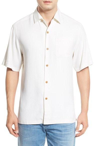 Men's Tommy Bahama 'havana Herringbone' Silk Camp Shirt - White