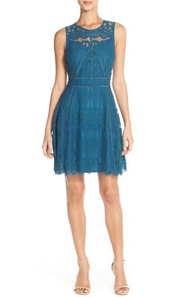 Women's Adelyn Rae Illusion Yoke Lace Fit & Flare Dress - Blue