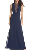 Women's Hayley Paige Occasions Lace Inset Chiffon Gown - Blue