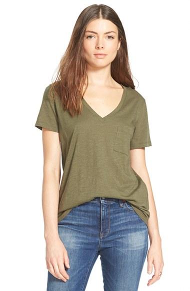 Women's Madewell 'whisper' Cotton V-neck Pocket Tee - Green