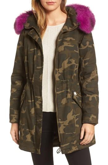 Women's 1 Madison Pop Genuine Fox Fur Trim Camo Anorak - Green