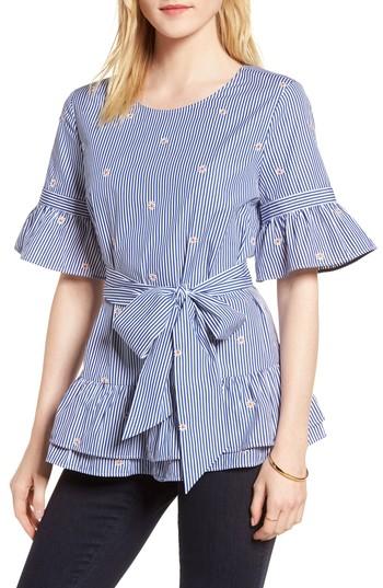 Women's 1901 Tie Waist Embroidered Stripe Cotton Poplin Blouse - Blue