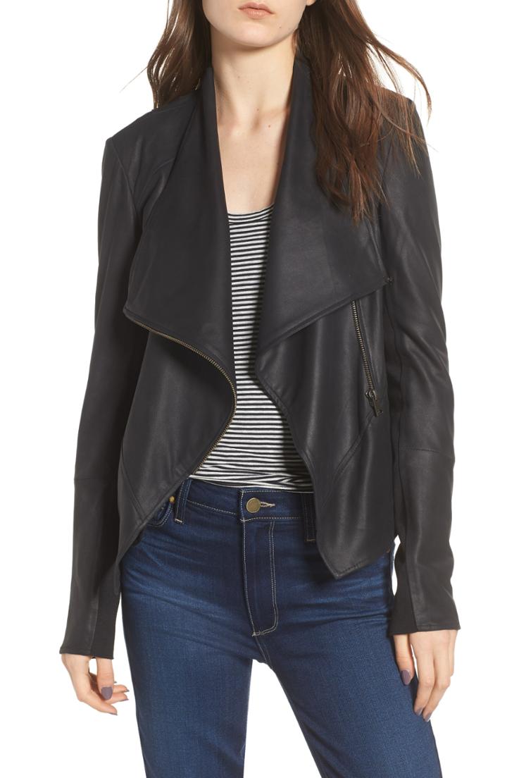 Women's Lamarque Asymmetrical Zip Front Leather Cascade Jacket, Size - Black