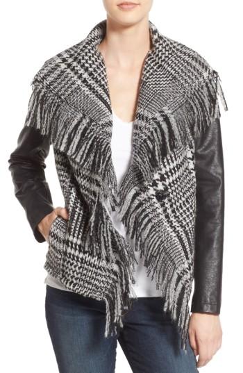 Women's Guess Fringe Trim Glen Plaid Faux Leather Moto Jacket - Black