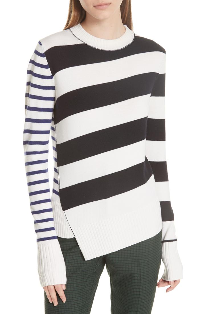 Women's Grey Jason Wu Queen Asymmetrical Stripe Merino Wool Sweater - White